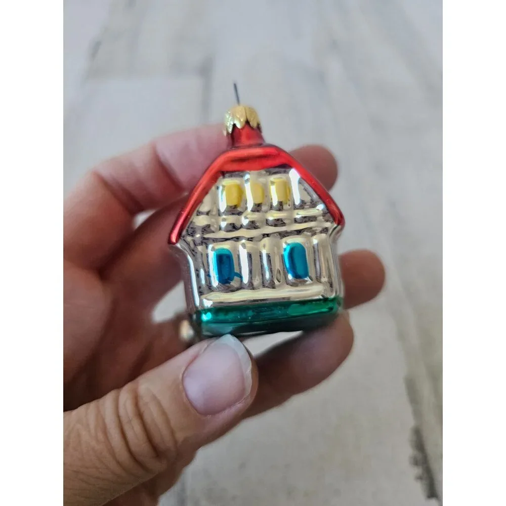 Vintage‎ Mercury glass house spiral red green mini ornament set Xmas tree